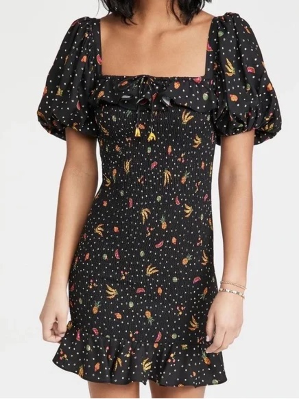 FARM Rio Black Floral Smocked Mini Dress Size S
